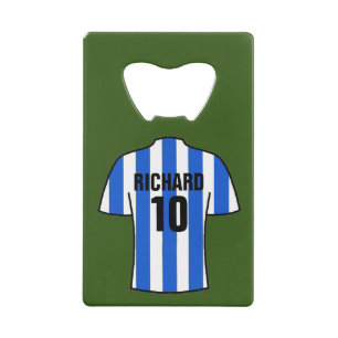Abrebotellas De Tarjeta De Crédito Camisas de fútbol en franjas azul y blanca