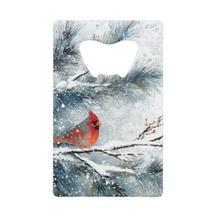 Abrebotellas De Tarjeta De Crédito Cardenal Rojo en Rama de Pino Nevada