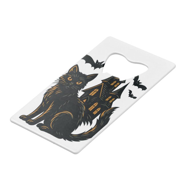Abrebotellas De Tarjeta De Crédito Casa embrujada y gato negro (Ángulo frontal)