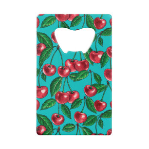 Abrebotellas De Tarjeta De Crédito Cerezas rojas en turquesa