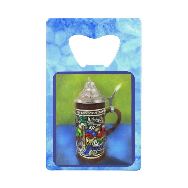 Abrebotellas De Tarjeta De Crédito Cerveza alemana Stein con tapa de bisagra azul ver (Anverso)