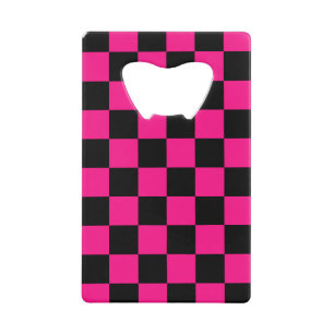 Abrebotellas De Tarjeta De Crédito Cuadrados a cuadros rosa caliente negro geométrico