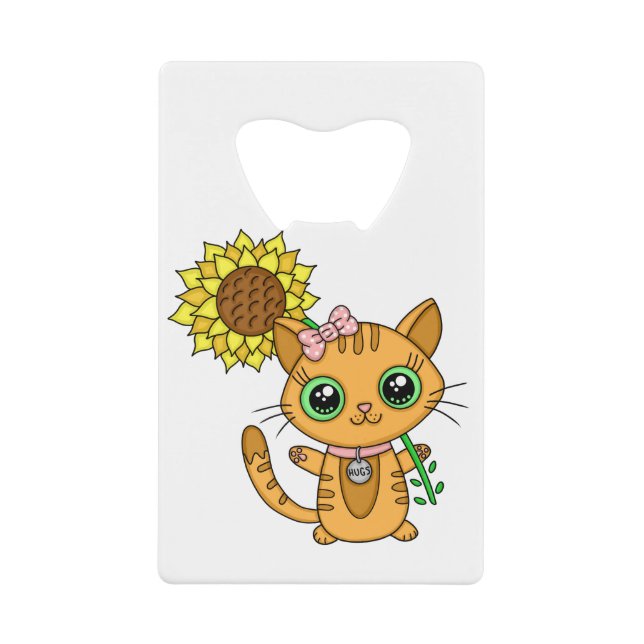 Abrebotellas De Tarjeta De Crédito Cute Kawaii Cat Holding Flower (Anverso)