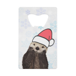 Abrebotellas De Tarjeta De Crédito Cute Otter llevando un Navidad de Santa Hat