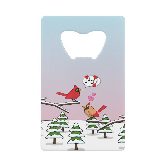 Abrebotellas De Tarjeta De Crédito Cute Red Northern Cardinals aman el paisaje invern (Anverso)