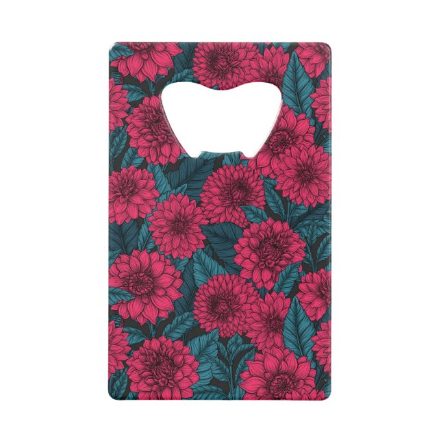 Abrebotellas De Tarjeta De Crédito Dahlia roja jardín/hojas azules (Anverso)