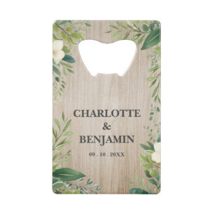 Abrebotellas De Tarjeta De Crédito Detalle de Boda de Madera con Borde Floral Rústico