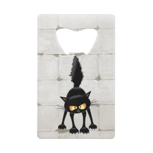 Abrebotellas De Tarjeta De Crédito Dibujo animado de gato negro divertido y feroz 