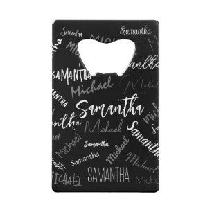 Abrebotellas De Tarjeta De Crédito Dos nombres pareja patrón monograma blanco negro