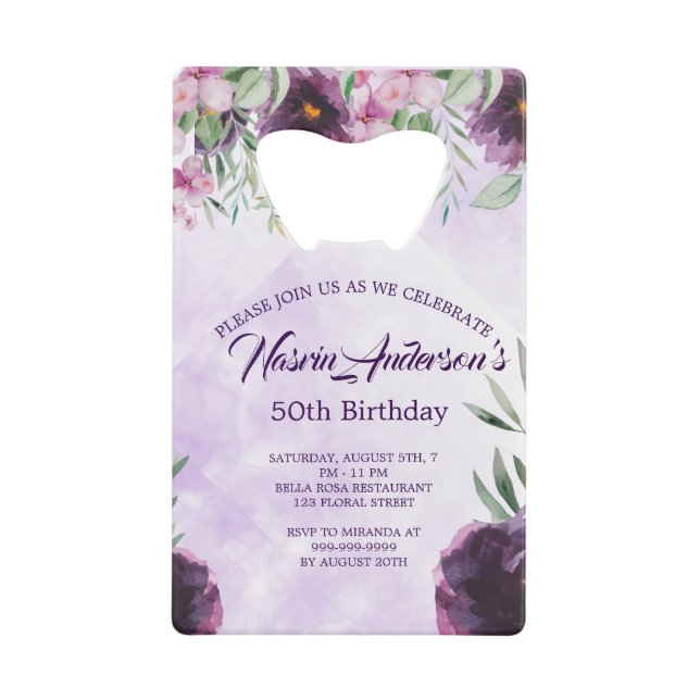 Abrebotellas De Tarjeta De Crédito Elegant Purple Floral Birthday Invitation (Anverso)