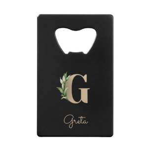 Abrebotellas De Tarjeta De Crédito Elegante Monograma Botánico Letra Gold G