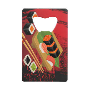 Abrebotellas De Tarjeta De Crédito Elegante Sushi Negro y Rojo Moderno y Chic