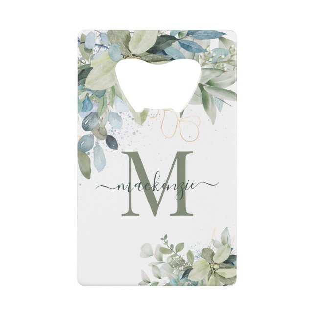 Abrebotellas De Tarjeta De Crédito Eucalyptus Monograma Floral Botánico (Anverso)