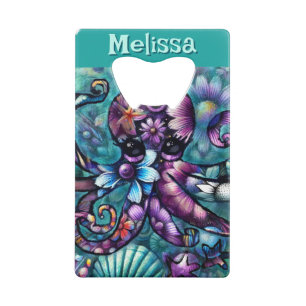 Abrebotellas De Tarjeta De Crédito Fantasía de Octopus floral Verde azulada personali