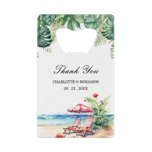 Abrebotellas De Tarjeta De Crédito Favor de Boda Escena de Playa con Hojas Tropicales