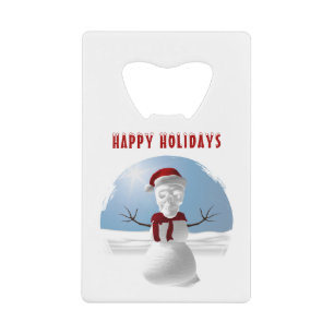 Abrebotellas De Tarjeta De Crédito Felices Fiestas. Muñeco de nieve divertido con cab