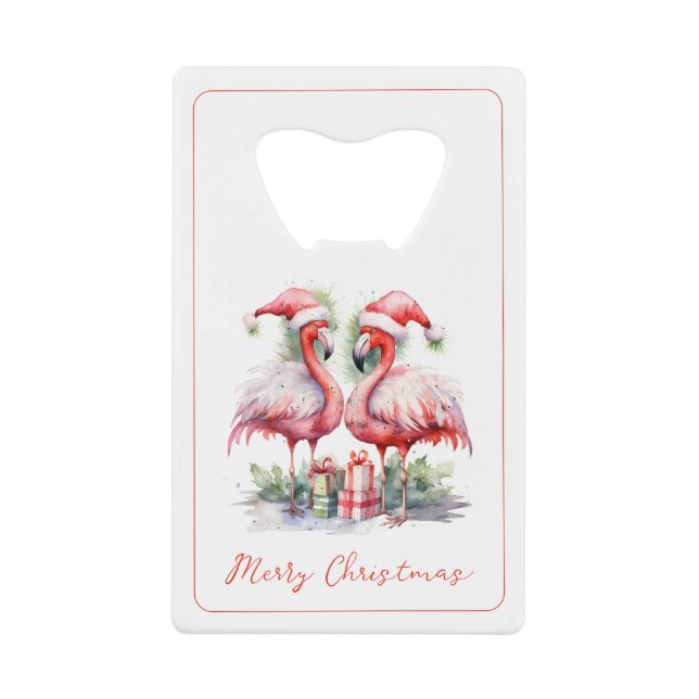 Abrebotellas De Tarjeta De Crédito Feliz Navidad Flamingos rosas (Anverso)