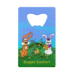 Abrebotellas De Tarjeta De Crédito ¡Feliz Pascua! Conejo con conejo y pollo
