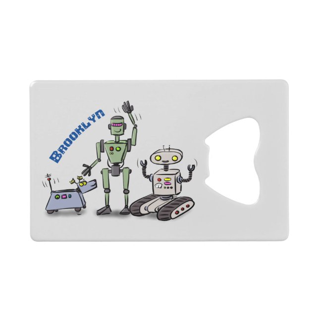 Abrebotellas De Tarjeta De Crédito Feliz personalizado de trío de robots lindos (Anverso (Horizontal))