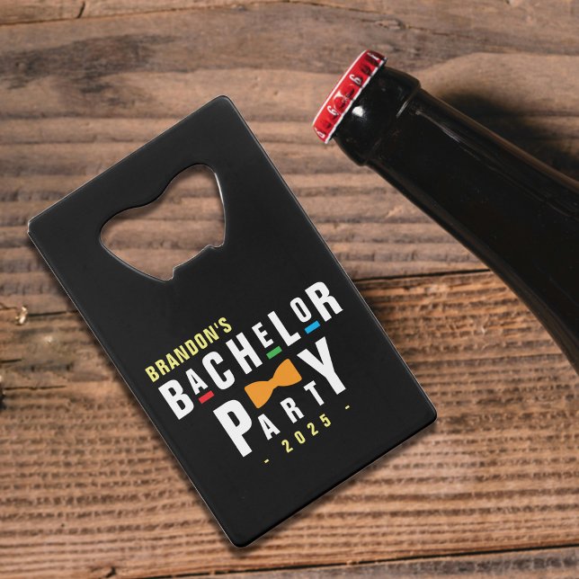Abrebotellas De Tarjeta De Crédito Fiesta de Bachelor de Bowtie retro 90 negra (Retro 90s Colorful Bowtie Bachelor Party Black Credit Card Bottle Opener
)