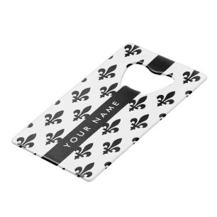 Abrebotellas De Tarjeta De Crédito Fleur de Lis, Negro sobre Blanco, Negro, Tu Nombre