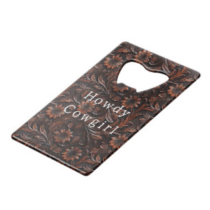 Abrebotellas De Tarjeta De Crédito Flor de cuero marrón de vaca floral