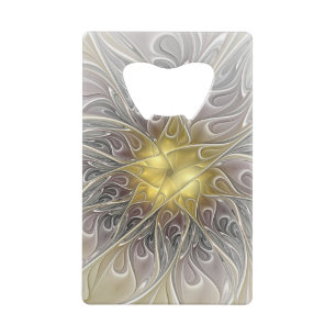 Abrebotellas De Tarjeta De Crédito Florecer con flor fractal abstracta moderna dorada