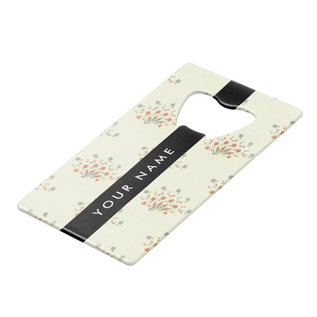 Abrebotellas De Tarjeta De Crédito Flores azules y rojas, negro, tu nombre (Ángulo frontal)