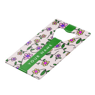 Abrebotellas De Tarjeta De Crédito Flores Coloridas, Fondo Rosa, Verde