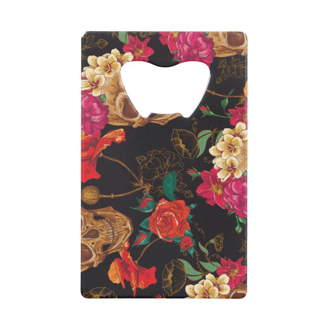 Abrebotellas De Tarjeta De Crédito Flores De Calavera: Fondo Oscuro Sin Marea. (Anverso)