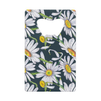 Abrebotellas De Tarjeta De Crédito Flores De Chamomile: Acuarela Azul Oscuro.