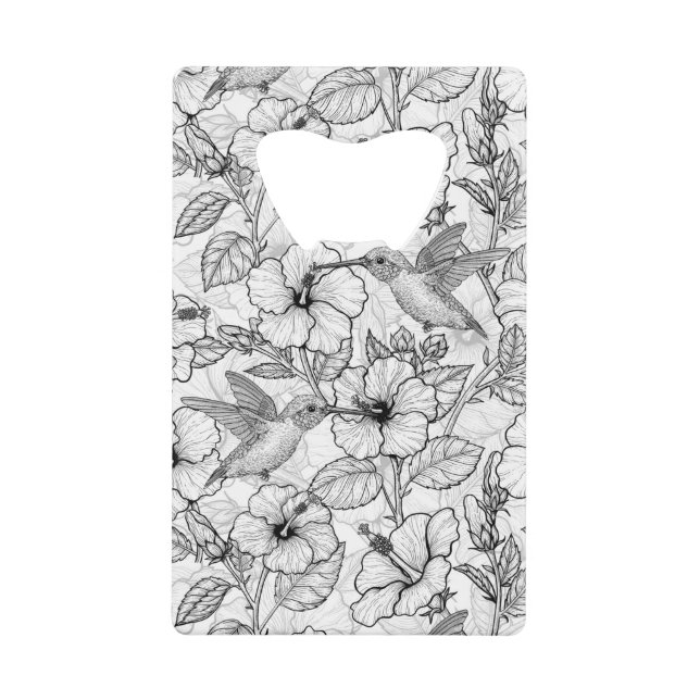 Abrebotellas De Tarjeta De Crédito Flores de colibrí y de hibisco b&p (Anverso)