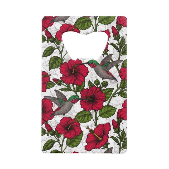 Abrebotellas De Tarjeta De Crédito Flores hibiscus y colibríes (Anverso)