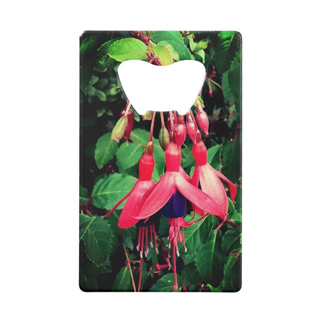 Abrebotellas De Tarjeta De Crédito Flores rojas y violetas (Anverso)