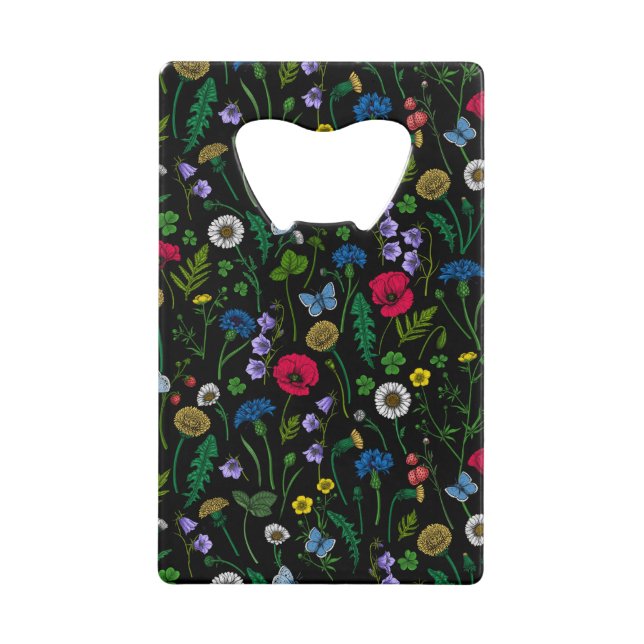 Abrebotellas De Tarjeta De Crédito Flores silvestres en negro (Anverso)