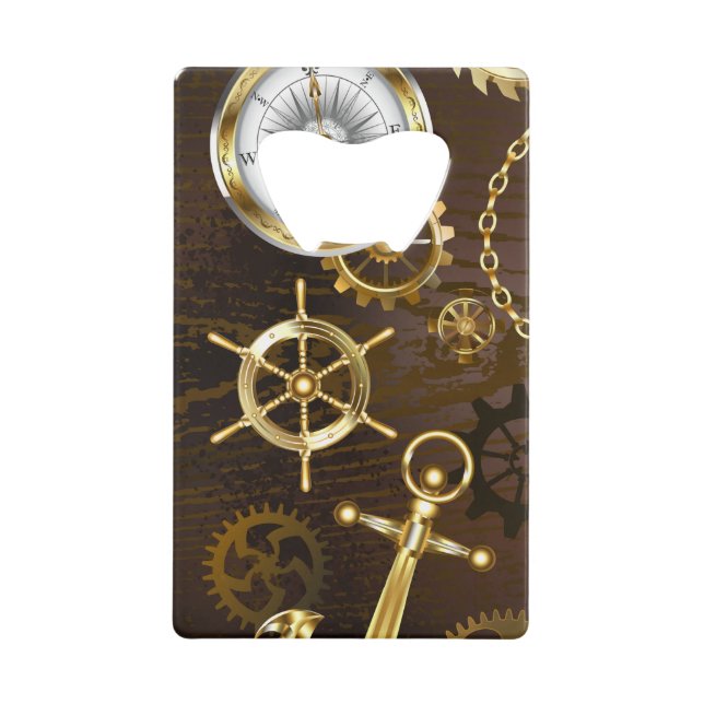 Abrebotellas De Tarjeta De Crédito Fondo de madera con caballito de mar mecánico (Anverso)