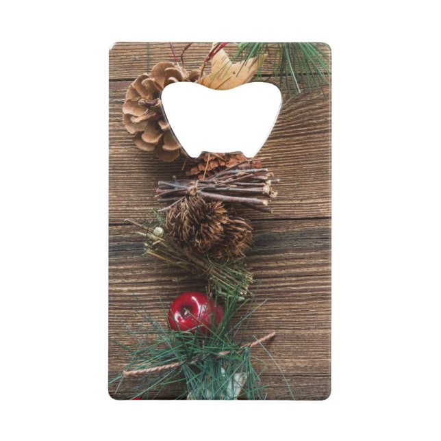 Abrebotellas De Tarjeta De Crédito fondo de madera con conos de pino (Anverso)