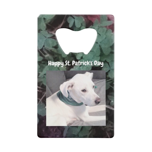 Abrebotellas De Tarjeta De Crédito Foto de Cute White Dog Ropas verdes de Shamrock (Anverso)