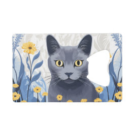 Abrebotellas De Tarjeta De Crédito Gato Azul Ruso Flores Amarillas