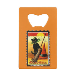 Abrebotellas De Tarjeta De Crédito Gato de Halloween sentado con sombrero de brujas