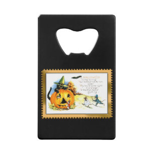 Abrebotellas De Tarjeta De Crédito Gato de Halloween sentado en Jack O Lantern