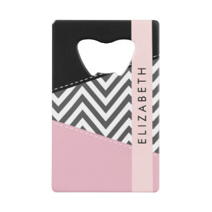 Abrebotellas De Tarjeta De Crédito Gray Zigzag, Gray Chevron, Pink, Tu Nombre