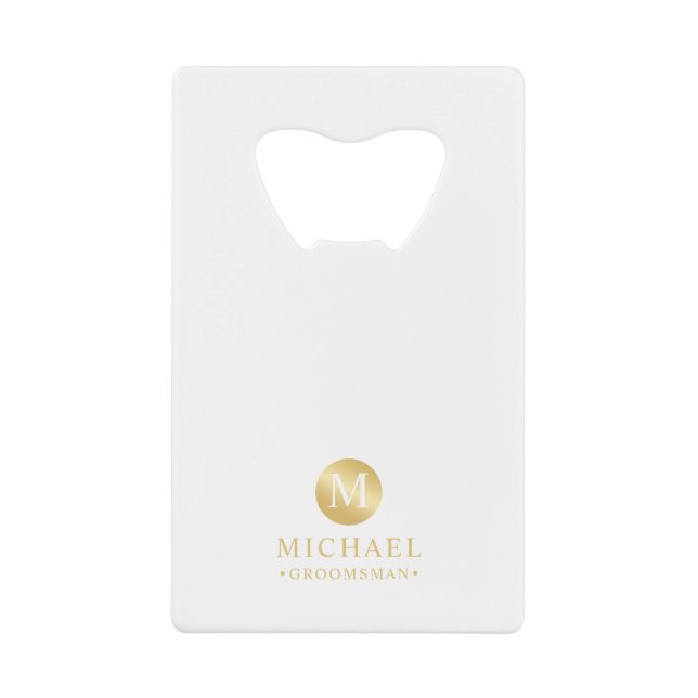 Abrebotellas De Tarjeta De Crédito Groomsmen Masculino Blanco y Oro Personalizado (Anverso)