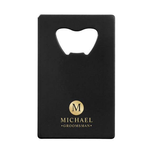 Abrebotellas De Tarjeta De Crédito Groomsmen Masculino Personalizado en Negro y Oro (Anverso)