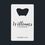 Abrebotellas De Tarjeta De Crédito Groomsmen personalizado de escritura moderna<br><div class="desc">Abridor de botellas Groomsmen personalizado con guión moderno con el nombre personalizado del groomsman en estilo de letra de escritura moderno negro con título y fecha boda en estilo de letra sans serif moderno con fondo blanco. También perfecto para la empleada de honor, la niña flor, la madre de la...</div>