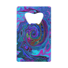 Abrebotellas De Tarjeta De Crédito Groovy Resumen Retro Azul y Púrpura Swirl