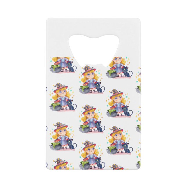 Abrebotellas De Tarjeta De Crédito Halloween adorable bruja y gato (Anverso)