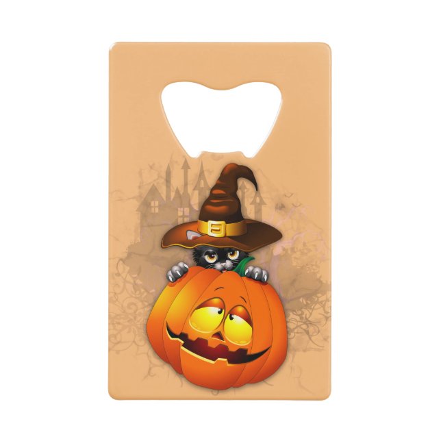 Abrebotellas De Tarjeta De Crédito Halloween Curte Kitty Witch and Pumpkin Friend (Anverso)