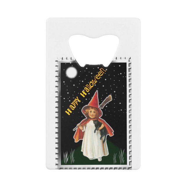 Abrebotellas De Tarjeta De Crédito Halloween - Niña pequeña con cuarto y gato negro (Anverso)