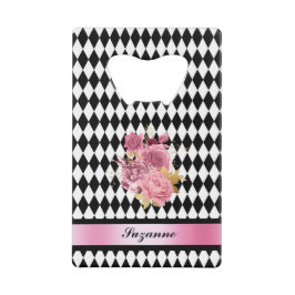 Abrebotellas De Tarjeta De Crédito Harlequin blanco negro con flor rosa y nombre
